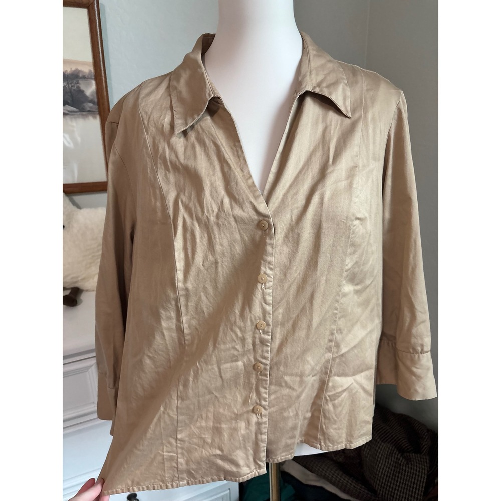 vintage 90s academia tan Cotton Button Down Apostrophe 3/4 professional blouse